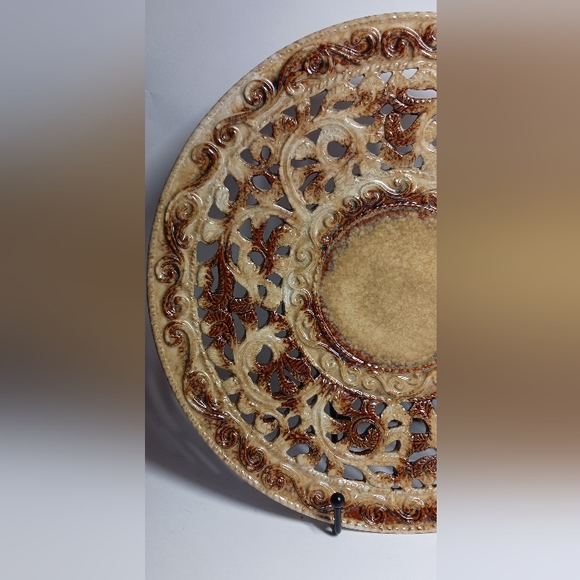 10.7" Vintage Ceramic Pottery Drip Glaze Decorative Art Plate Brown Tan # 24A - Picture 2 of 5